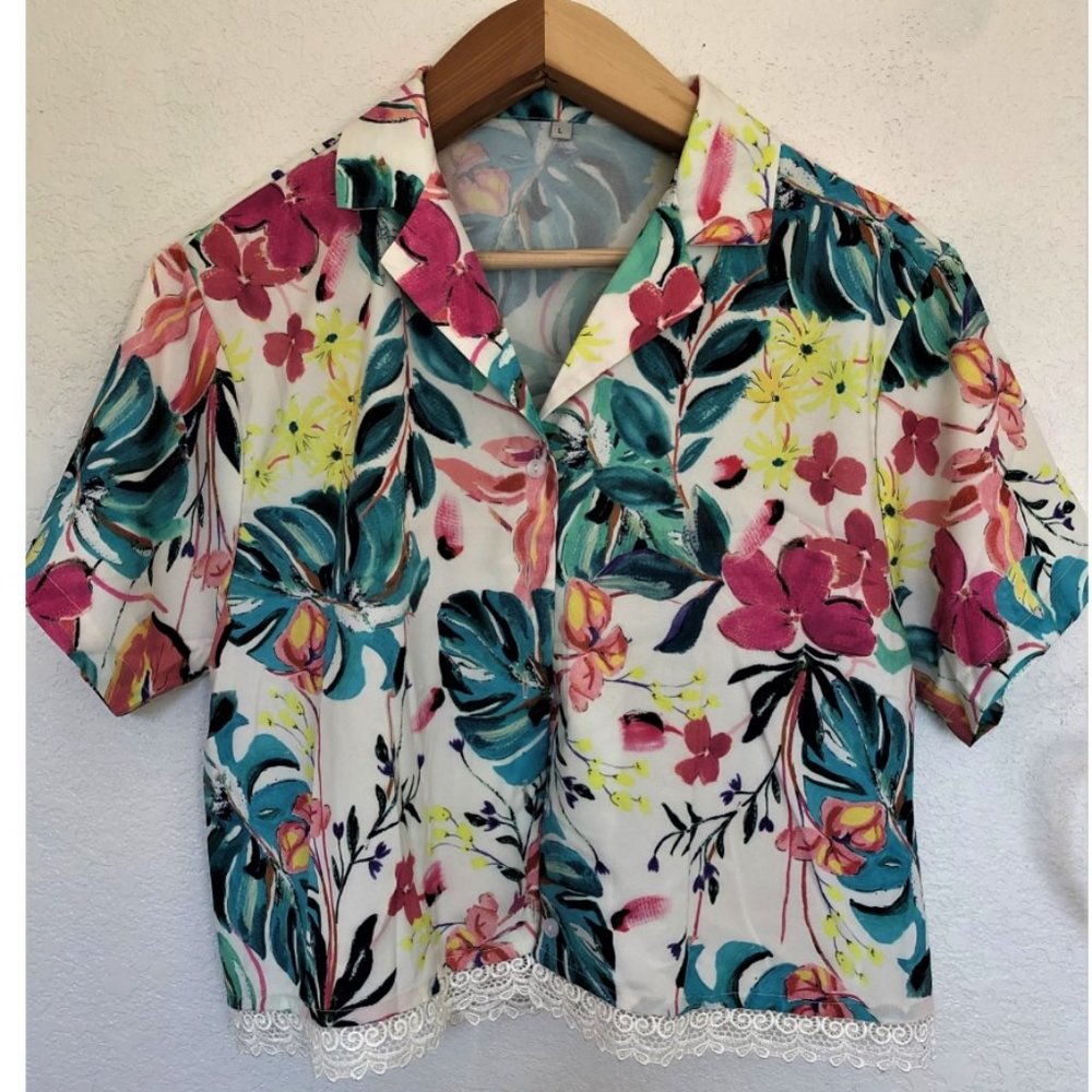 Shein Resort Button Front Tropical & Floral Blouse